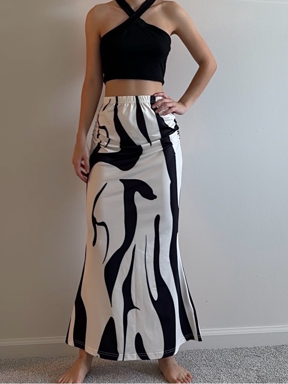 High-Waist Black & White Abstract Maxi Skirt